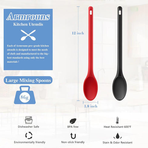 Long handle Silicone Mixing Spoon, 12" Stirring Spoons Nonstick Heat-Resistant Rubber Mixing Spoon for Cooking Baking