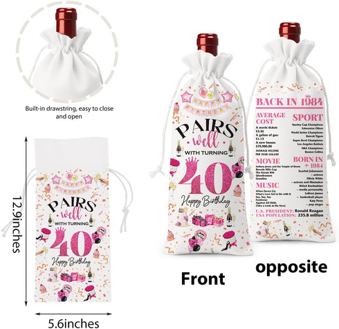 40th Birthday Gifts Women Men Wine Bag, 40 Year Old Birthday Gifts for Women Men, Happy 40th Birthday Party Decorations Woman Man, Pairs Well with Turning 40 Wine Bags (White Pink)