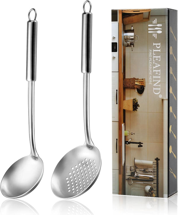 Pleafind 2-Pcs Ladle and Slotted Spoon, Stainless Steel Cooking Utensils for Home and Restaurant, Dishwasher Safe