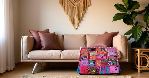 22x22x5 inches, CRAFT KALA Indian Square Patchwork Traditional Pouf Cover Indian Living Room Poufs Decorative