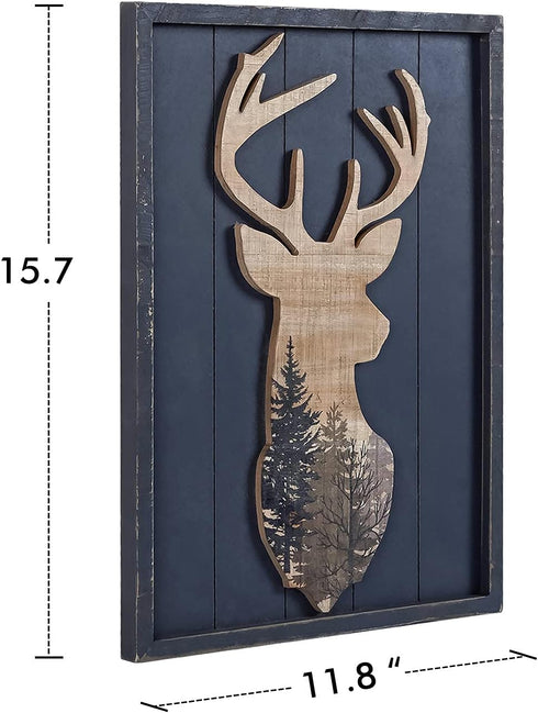 12 16 Inches NIKKY HOME Cabin Wall Decor, Decorative Deer Wood Framed Forest Mountain Woodland Wildlife Lodge Elk