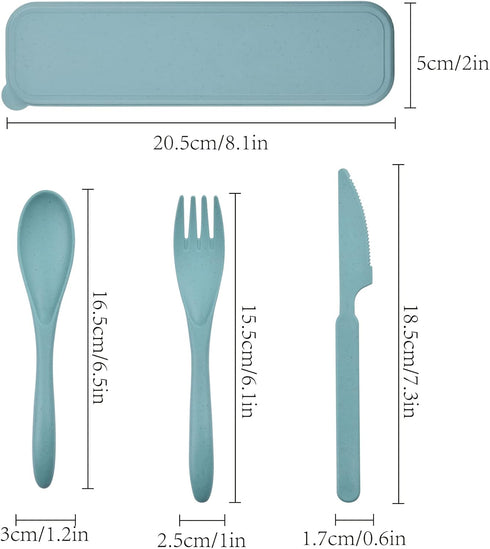 2 Sets Reusable Utensil Set with Case, Portable Camping Fork Knife Spoon Set, Wheat Straw Travel Utensils for Lunch Box, for School Work Lunch or Daily Use (Green, Blue) by Zoyiancy