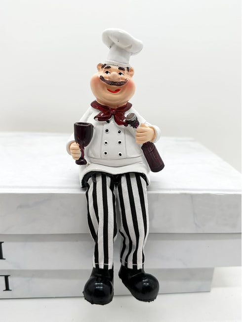 Set of 2 Home Kitchen Decor Chef Figurines, Bread & Wine Shelf Sitters for Kitchen Shelves and Countertop Display