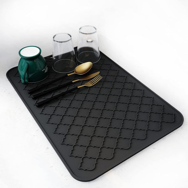 AMOAMI Dish Drying Mat - Silicone Drying Pad - Heat Resistant Kitchen Gadget - Black (12" x 16")
