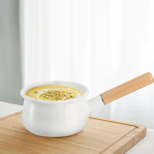 Jucoan 1 Quart Enamel Milk Pan - Small Saucepan with Dual Pour Spout and Wooden Handle for Home Cooking