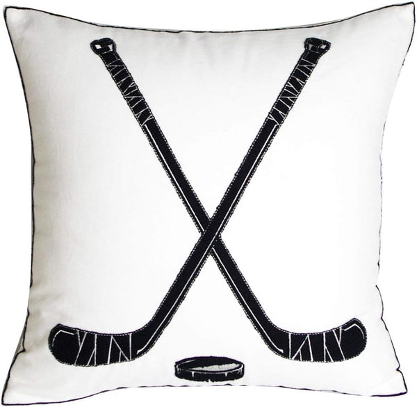 Embroidered Hockey Throw Pillow Cover, 18 inch Square Decorative Canvas Pillow Cover for Ice Hockey Room Decor (Cover