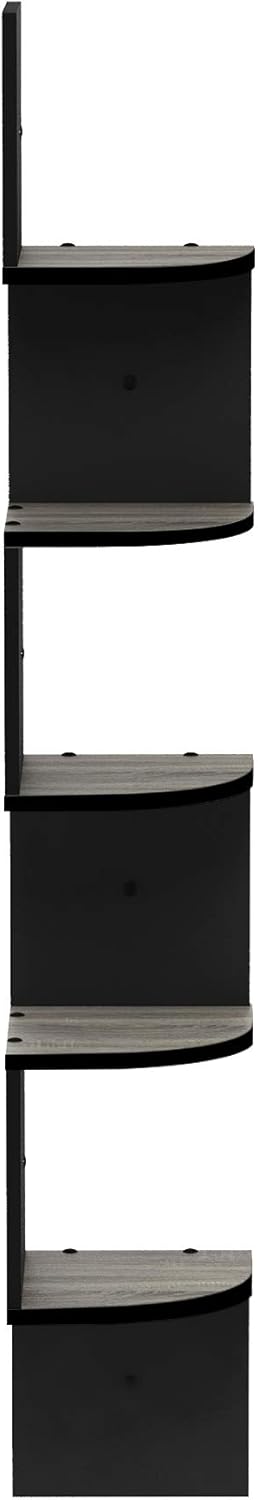 5-Tier Furinno Rossi Wall Mount Floating Corner Shelf, Radial, French Oak Grey/Black