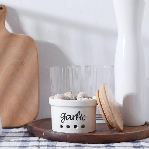 Ceramic Garlic Keeper with Wooden Lid, Farmhouse Kitchen Decor, Countertop Garlic Saver Container