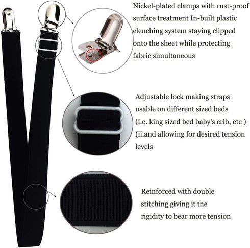 Long Bed Sheet Clips, Adjustable Mattress Holder Straps Fastener, 4 Pieces (White)
