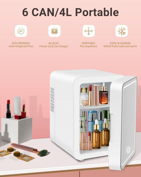 Mini Fridge Skincare with Dimmable LED Light Mirror, 4L/6Can Cooler & Warmer Mini Fridge for Skincare and Makeup,