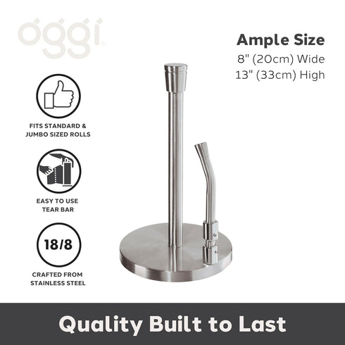OGGI Stainless Steel Paper Towel Holder, 13" Height, with Tension Arm and Tear Bar
