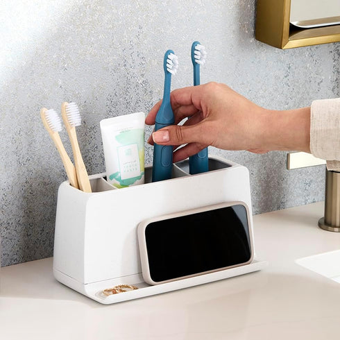 3-Slot, Counter YouCopia The Ledge Toothbrush Holder, Bathroom Vanity Organizer with Cord Slots, Removable Base