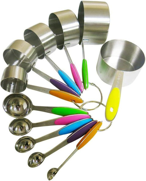 New Version! 11 Piece Measuring Cups and Spoons Set by Laxinis World - Stainless Steel with Silicone Handles