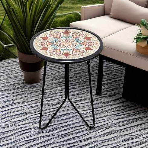 Table,12" LIFFY Outdoor Metal Side Small Outdoor Accent Table with Glass Top,Indoor Round Home Decorative End
