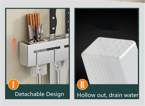 Wall Mount Utensil Holder - 15.7'' Stainless Steel Kitchen Rack with Knife Holder, Towel Bar, and Hooks