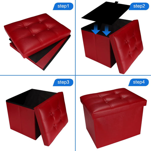 17x13x13in,Red Bsketa Storage Ottoman, Folding Foot Stool with Thicker Foam Padded Seat Small Leather Storage Ottoman