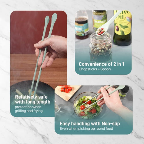 Reusable Long Silicone Cooking Chopsticks with Spoon, 12 Inches, BPA-free Non-Slip Kitchen Utensils (Pastel Green)
