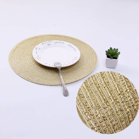 SHACOS Golden Glitter Round Braided Placemats, Set of 6 Bling Circle Place Mats for Holiday Party Wedding Shower (Gold)