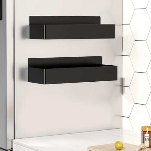 Magnetic Spice Rack for Refrigerator, Kitchen Organizer and Storage Shelf, Black (2 Pack)