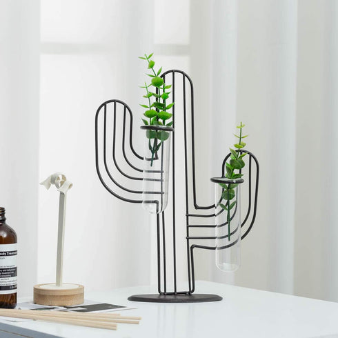 TJ Global Cactus Double Test Tube Vase Planter Holder, Plant Terrarium, Propagation Station, Metal Stand