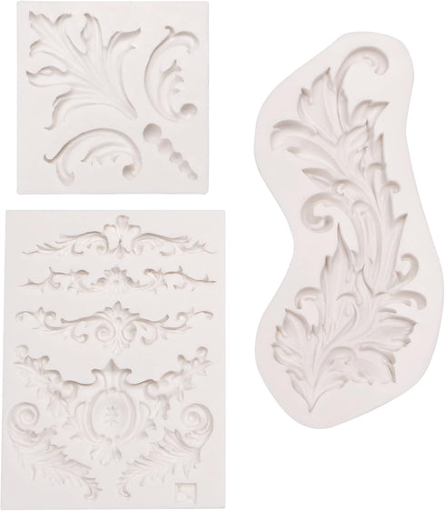 Feather Silicone Molds Baroque Fondant, 3 Pack Lace Scroll Chocolate Molds for Cake Decoration, DIY Baking