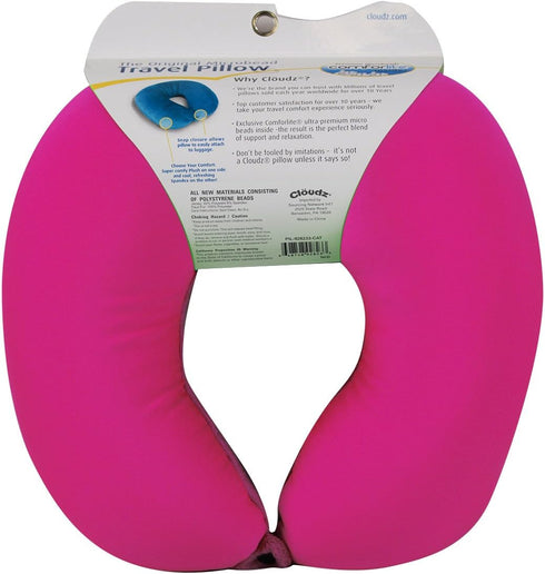 Cloudz Dual Comfort Microbead Airplane Travel Neck Pillow, Bright Pink, Soft Plush & Cool Spandex