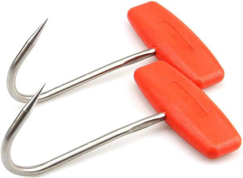 TIHOOD 2PCS T Shaped Boning Meat Hooks, 6 inch Stainless Steel Butcher Shop Tool Kit (Orange x2)