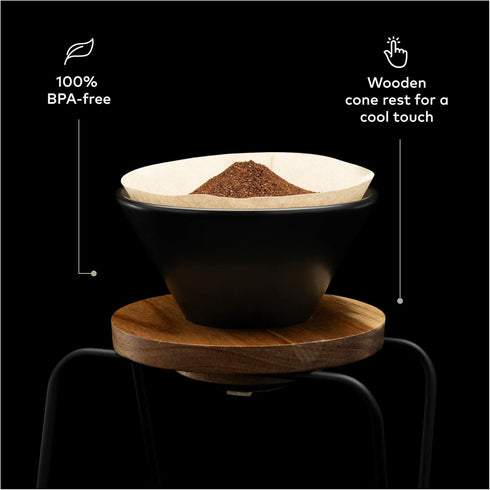 ChefWave Artisan Series Pour-Over Coffee Maker Set, 1-2 Cup Personal Size with Ceramic Cone, Wood Ring, Stainless Steel