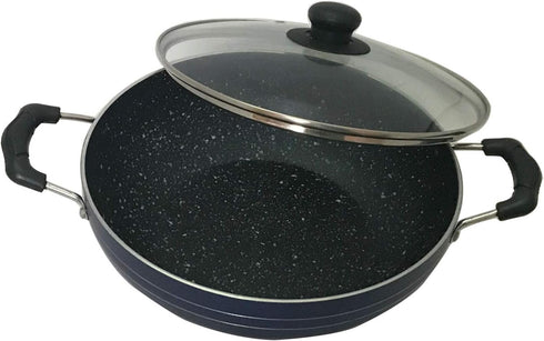 Non Stick Kadai with Glass Lid, Deep Stir Fry Pan for Gas and Induction Cooktops, 2.2 Litre Aluminium