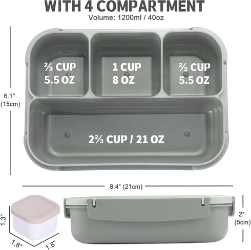 Bento Box Adult Lunch Box, Lunch Containers for Kids Girls Boys with 4 Compartments, Lunchable Food Container with Utensils, Sauce Jar, Muffin Liners, 40 Oz/5 Cup, Microwave & Dishwasher Safe, Gray