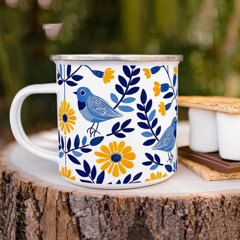 Camping Coffee Mug Floral Bird Enamel, Nature Flowers Botanical Gift Cup for Women, Mom, Friend (12oz)