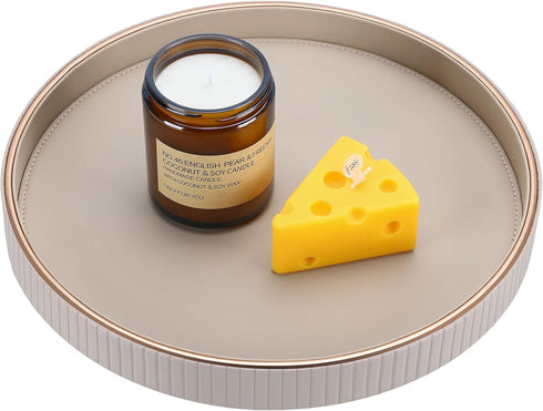 Counter, KINGFOM Round Decorative Tray, PU Leather Vanity Tray Organizer with Gold Trim for Dresser, Coffee Table