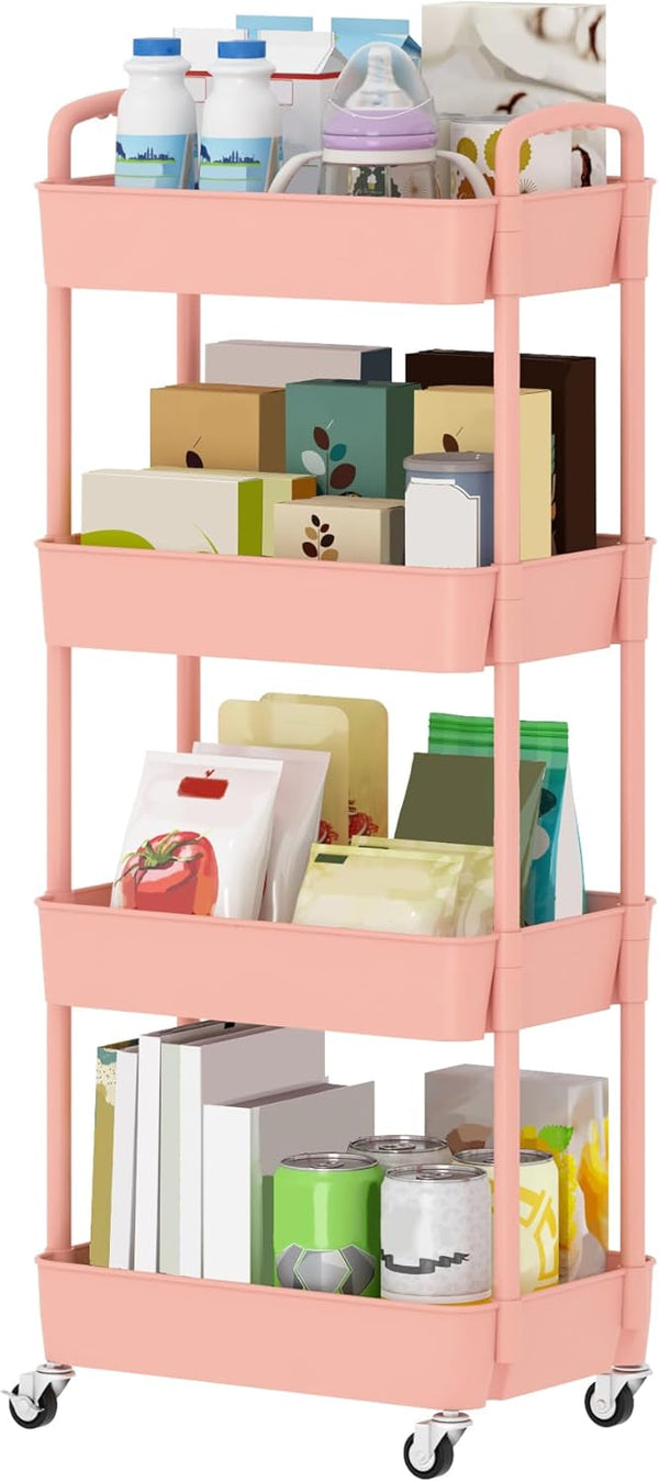 Sywhitta 4-Tier Plastic Rolling Utility Cart with Handle, Multi-Functional Storage Trolley for