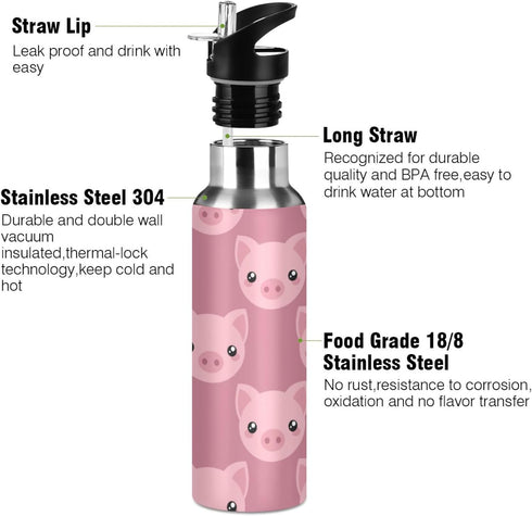 ZZKKO 32oz Stainless Steel Water Bottle with Straw, Cartoon Cute Pig Thermos for Kids