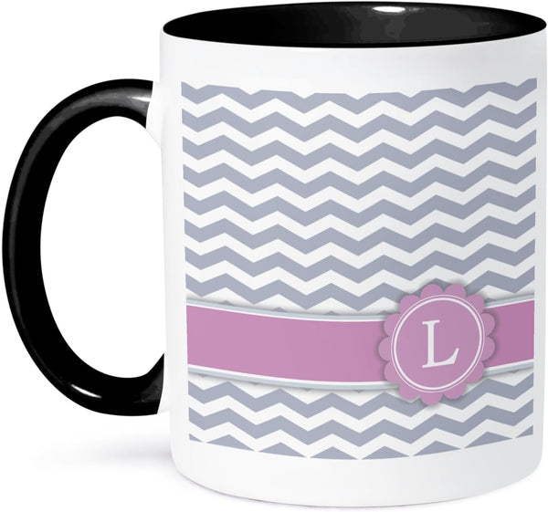 3dRose Letter L Monogrammed on Grey and White Chevron with Pink Mug, Personal Initial Zig Zags, 11 oz, Black