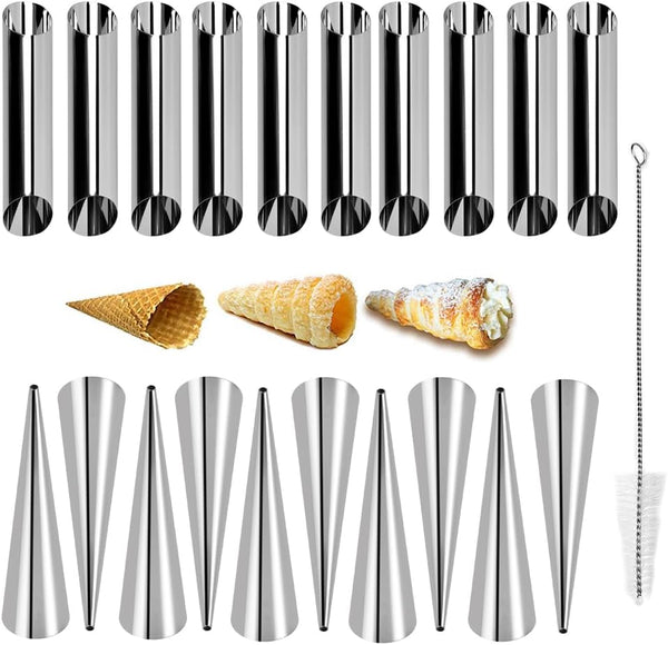 Guowall Cream Horn Mold, 21pcs Stainless Steel Ice Cream Cone Mold and Tubular Shaped Reusable Pastry Mould