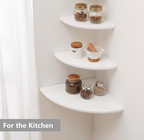 7in) Corner Shelf, White Solid Oak Wood Floating Corner Shelves Wall Mount Round End Floating Speaker Rack Display