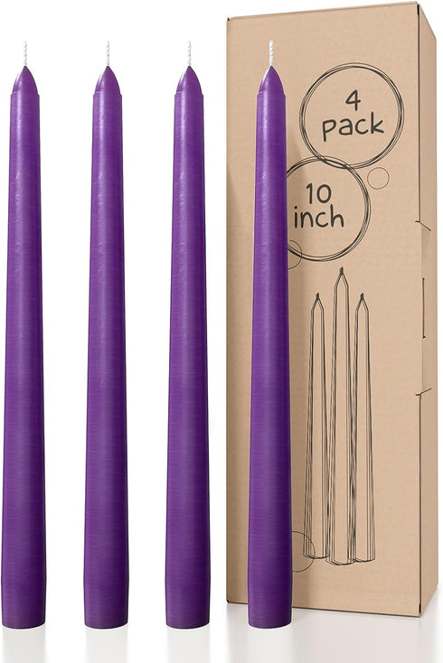 Candwax 10 inch Taper Candles Set of 4, Dripless and Unscented Candlesticks for Dinner and Household Decor - Purple
