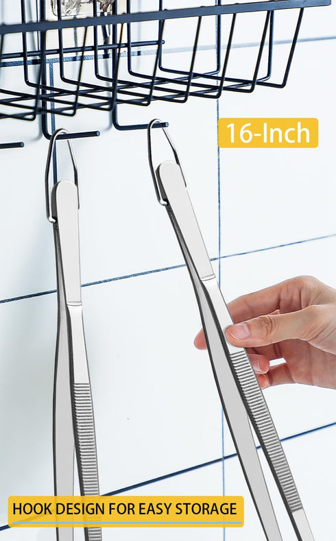 JETKONG 2 Pcs 16-Inch Kitchen Tweezers - Extra Long Heavy Duty Stainless Steel Cooking Tweezers (Silver).