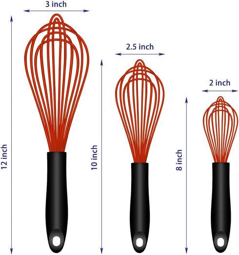Set of 3 Dishwasher Safe Silicone Whisks - Professional Non-Scratch Kitchen Whisks, Heat Resistant, Red