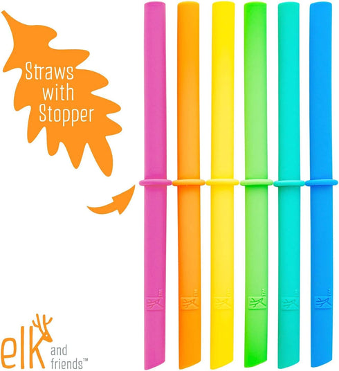 Elk and Friends Reusable Silicone Straws, Pack of 8 Colorful Straws with Stopper for 12oz & 14oz Mason Jars