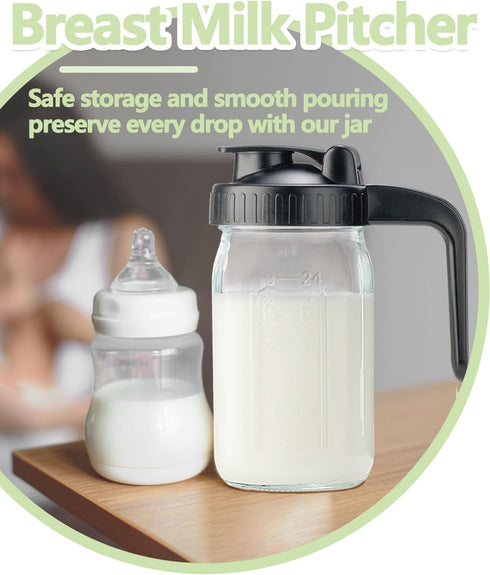 2 Pack 32oz 1 Glass Pitcher with Lid & V-shaped Pour Spout - Quart Breastmilk Pitcher Double Leak Proof, Creamer