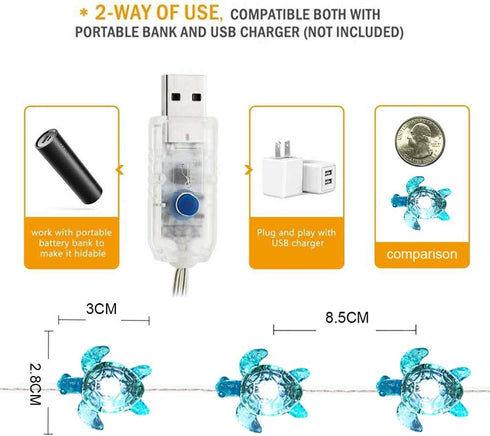 18.7 40 WSgift Sea Turtle Decorative String Lights, Ft LED USB Plug-in Silver Copper Wire Beach Theme Fairy Lights