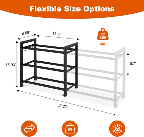 18.5"33", 3-Tier Closet, 12 Expandable Shoe Rack for Small Spaces, Adjustable Width Sturdy Metal Shoe Organizer