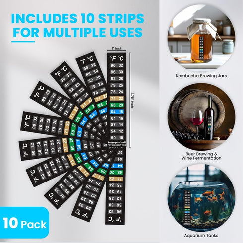 Stick On Thermometer Strip - Digital Temperature Display for Fermenting, Brewing, Aquariums, 10 Pack (50-90F)