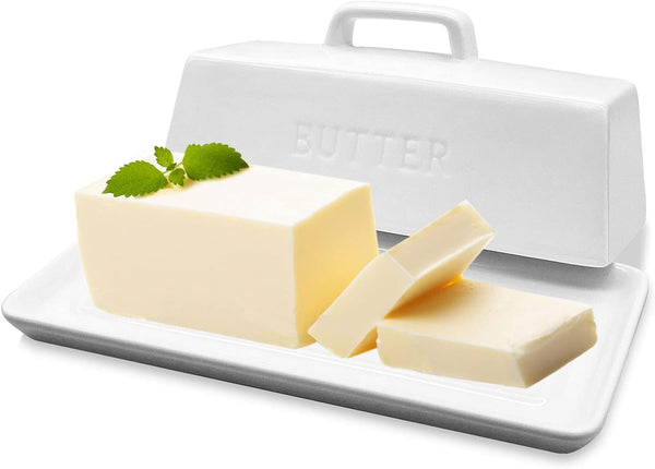 Gute Butter Dish with Lid for Countertop, Covered Ceramic Butter Keeper Container for Kitchen (White)
