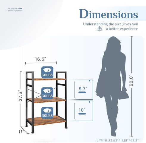3 DUMOS Tiers Bookshelf, Classical Book Shelf, Tall Display Shelves in Living Room/Home/Office, Storage Organizer