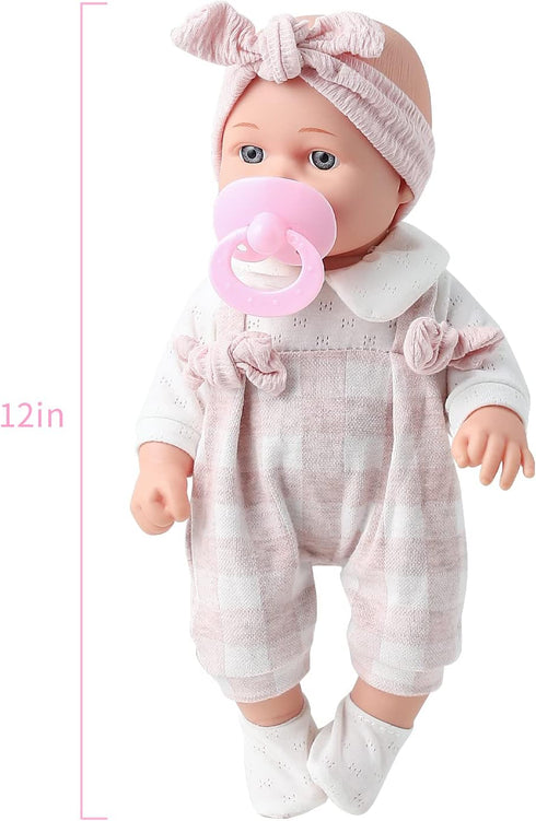 Enjoyin 12'' 13''x13'' 3+ Baby Doll in Gift Box with Pink Cloths, Pacifier, Microfabric Blanket, and Feeding Bottle.