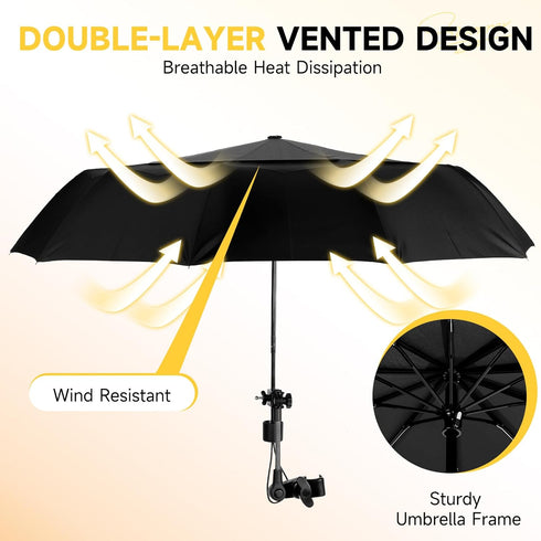 Tarswesi 360 50+ 100cm/39.4in Chair Umbrella with Universal Clamp, Double Canopy Sunshade, Adjustable Swivel, UPF UV