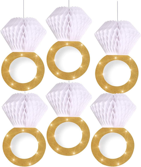 Bridal Shower Decoration Set of 6, Engagement Party Supplies, Glitter Gold Honeycomb Ring Hanging Decorations
